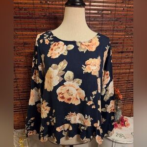 C Navy Floral Peplum Long-Sleeve Tunic